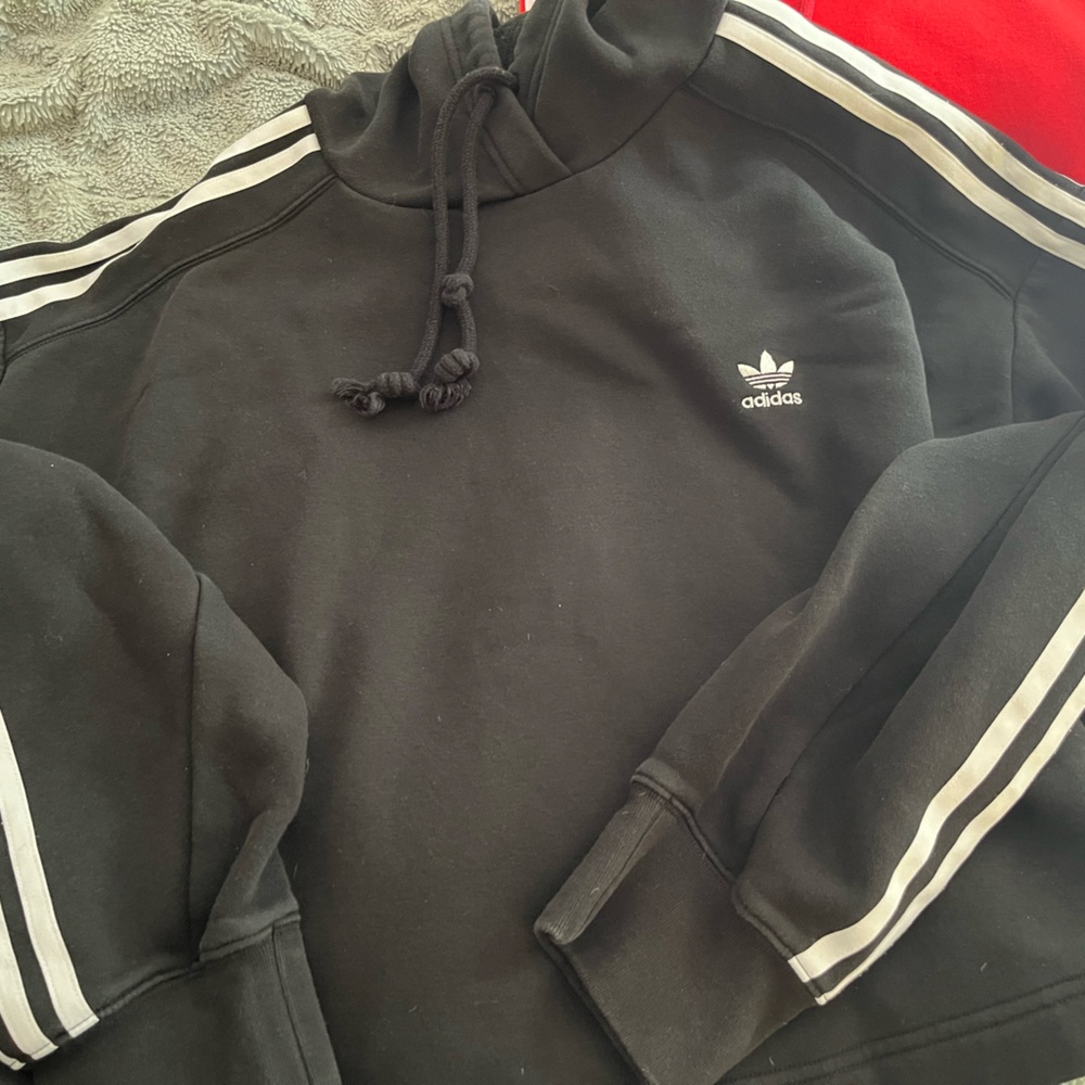 Adidas Black Hoodie with White Stripes. Short length = cropped.